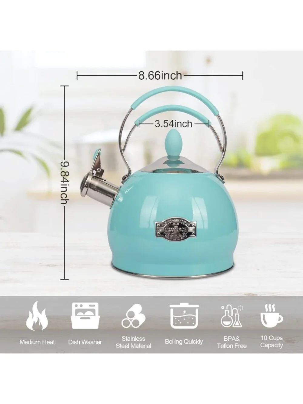 2.6 Quart Blue Stainless Steel Kitchen Tea kettle Whistling Stovetop Induction